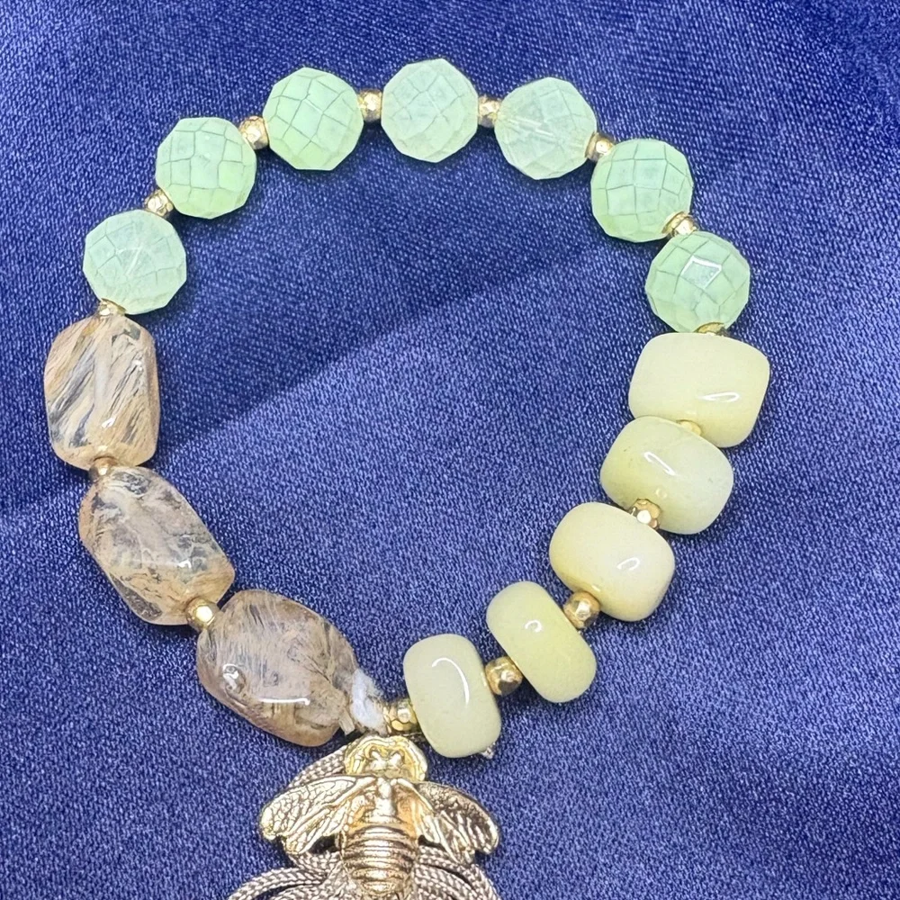 Gemstone, Sea-glass, and Tassel Bracelet with Bumble Bee Charm